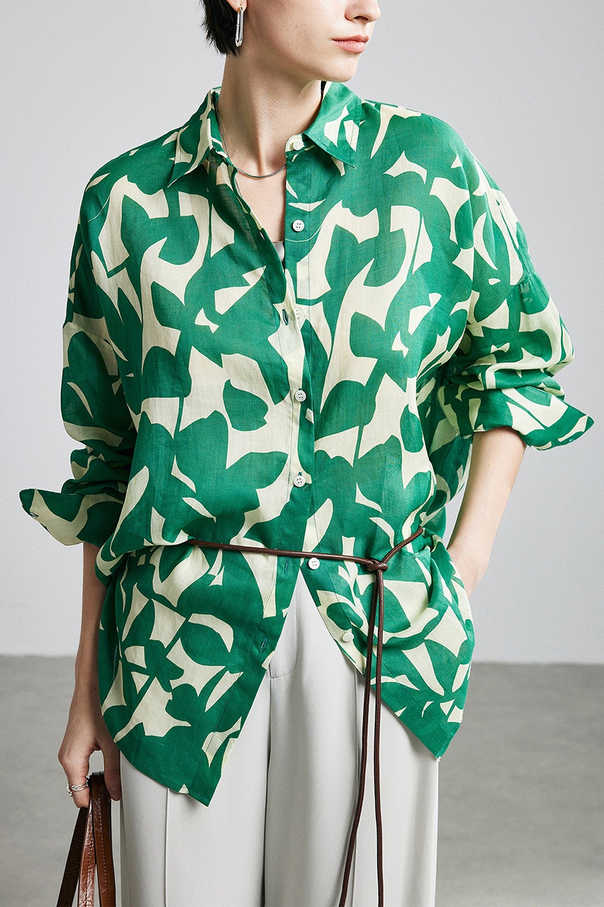 100% Ramie Graphic Leaf Print Button-Up Shirt