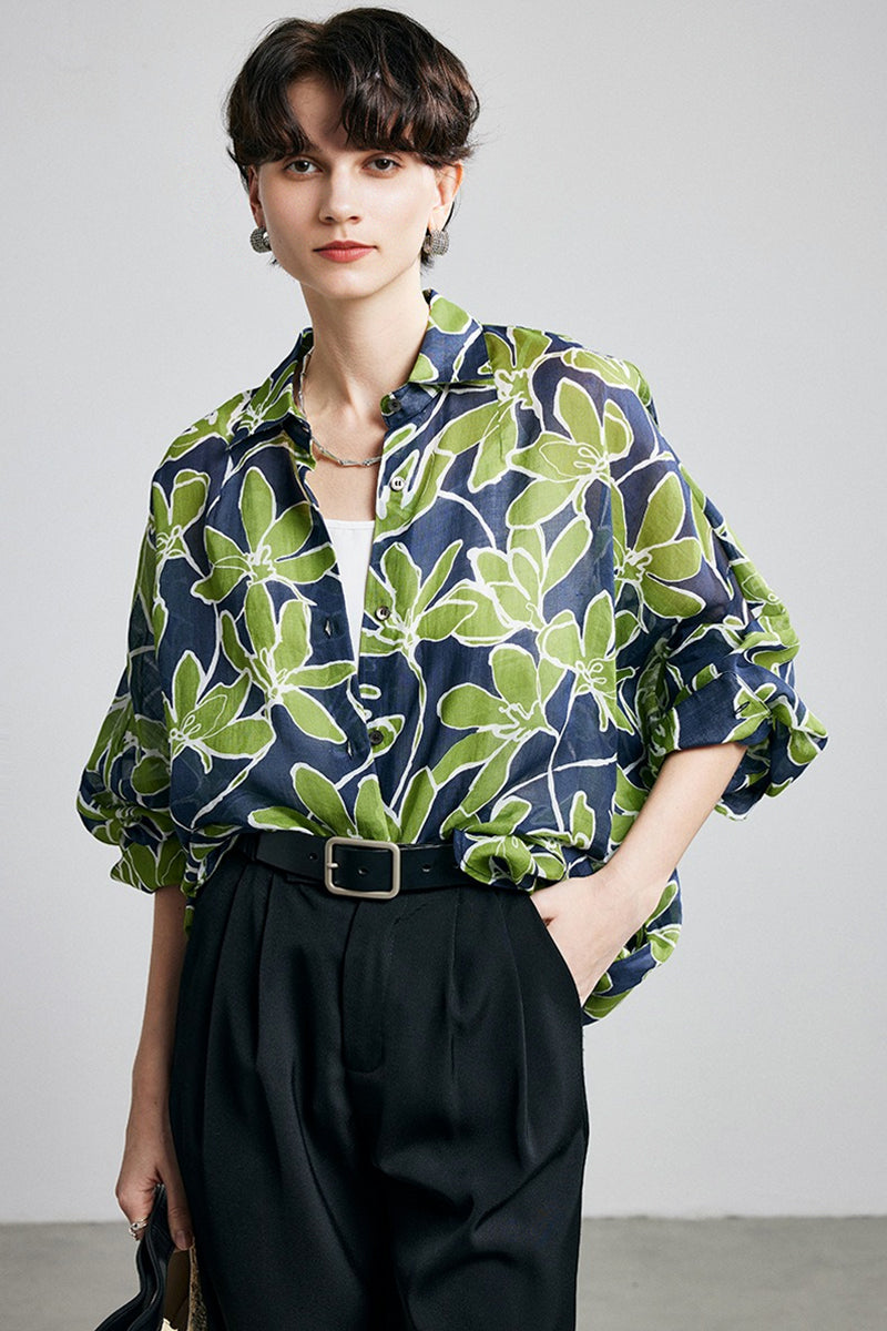 100% Ramie Green Leaf Print Button-Down Shirt