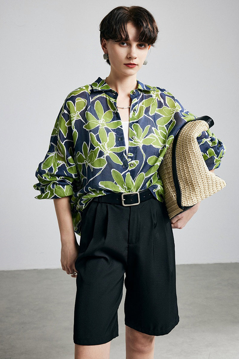 100% Ramie Green Leaf Print Button-Down Shirt