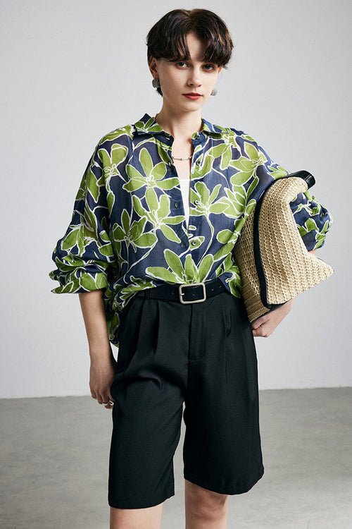 100% Ramie Green Leaf Print Button-Down Shirt