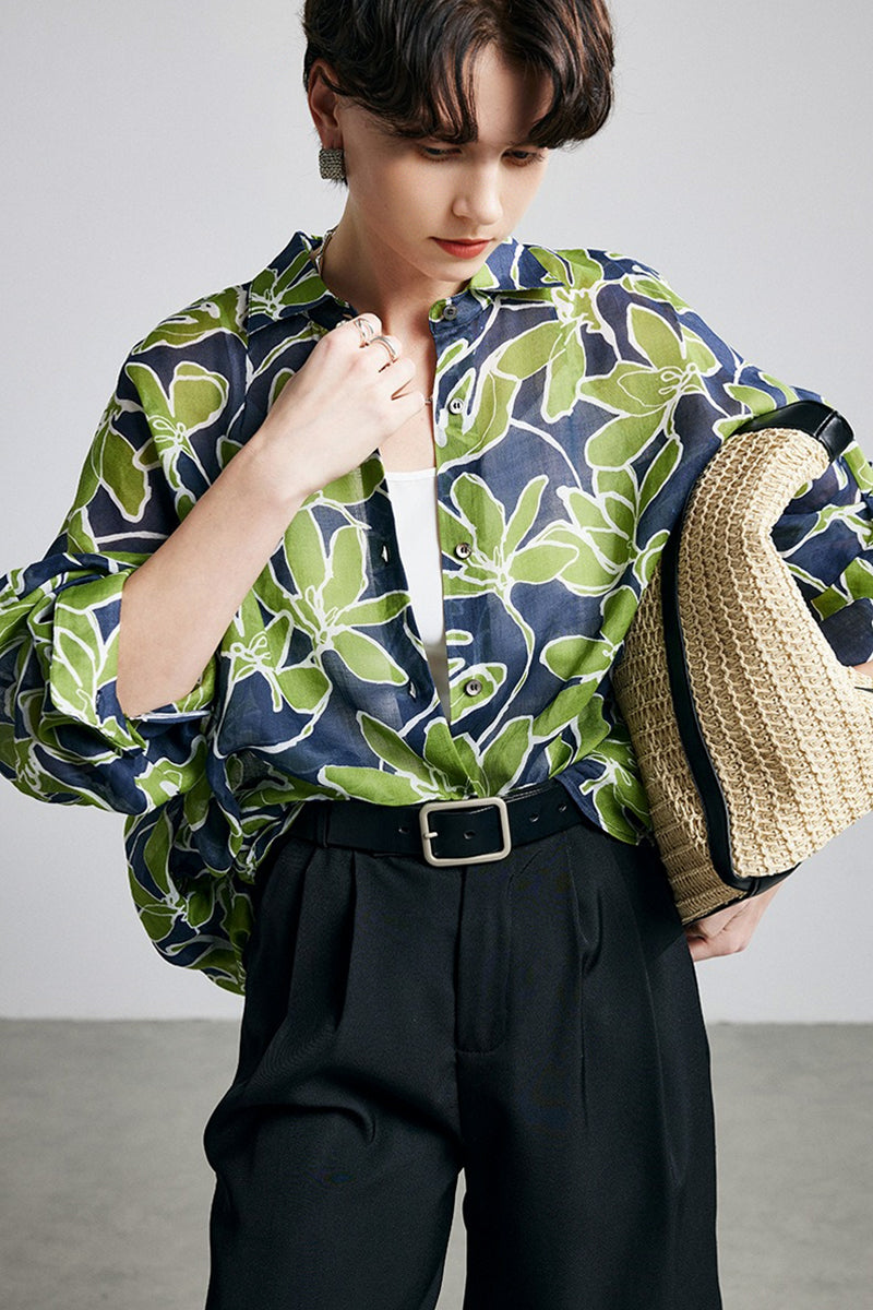 100% Ramie Green Leaf Print Button-Down Shirt