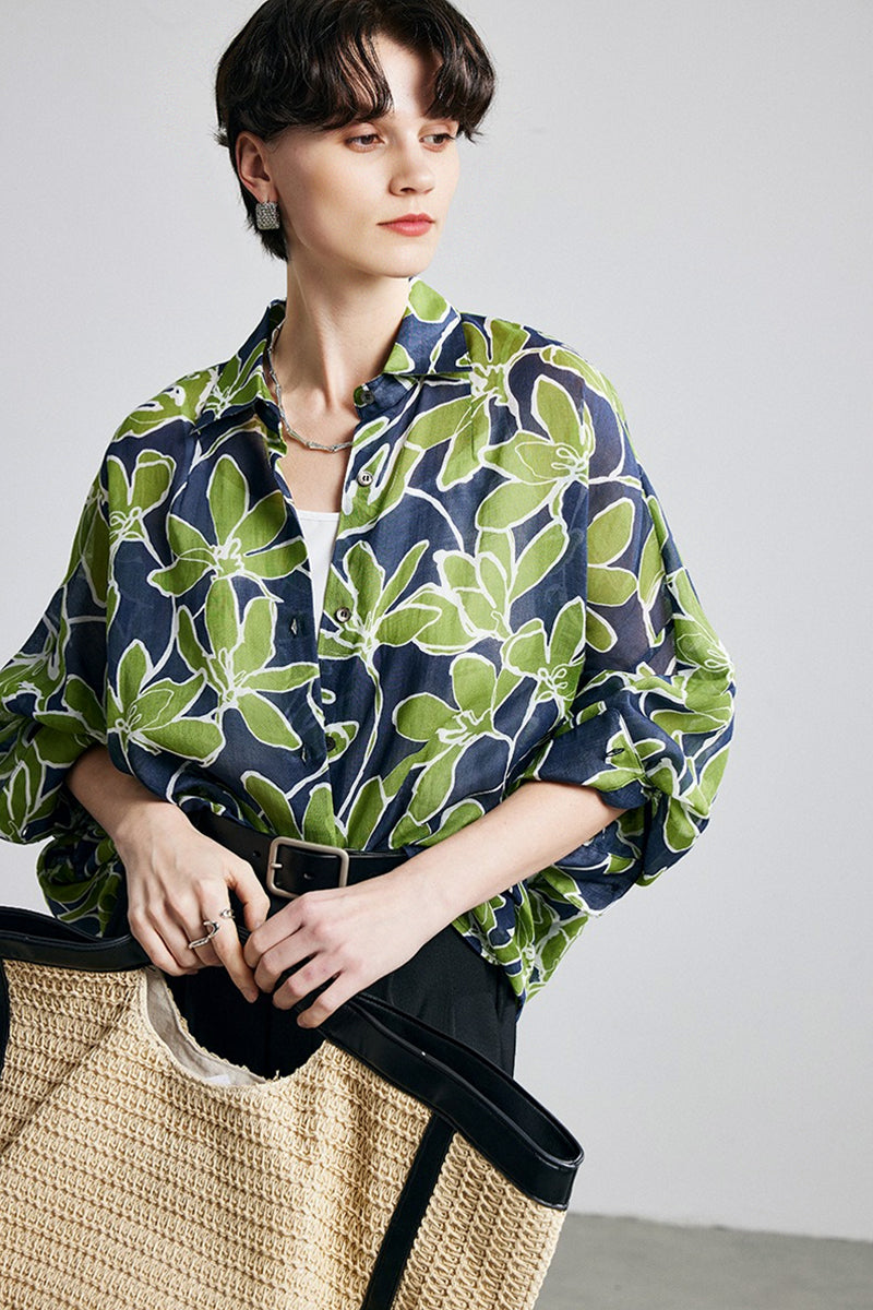 100% Ramie Green Leaf Print Button-Down Shirt