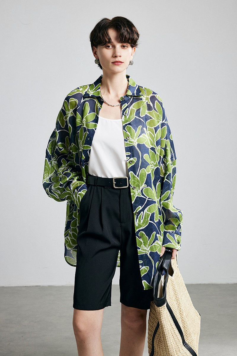 100% Ramie Green Leaf Print Button-Down Shirt