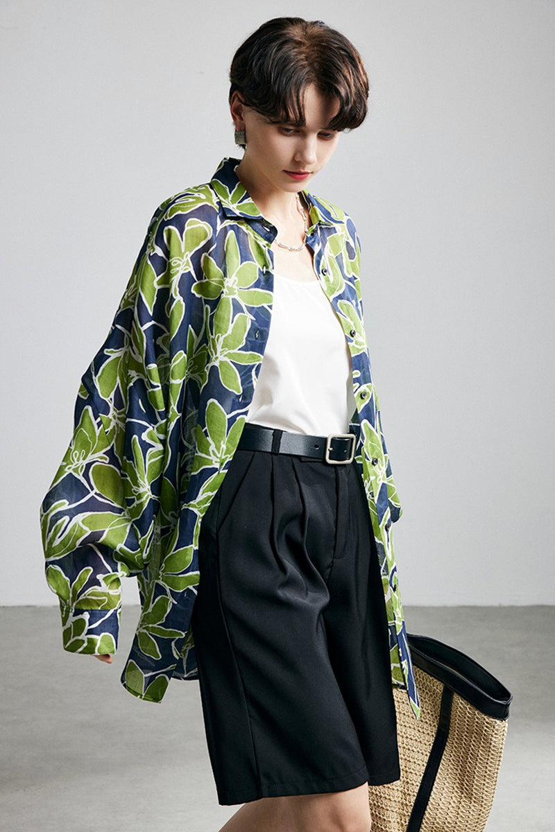 100% Ramie Green Leaf Print Button-Down Shirt
