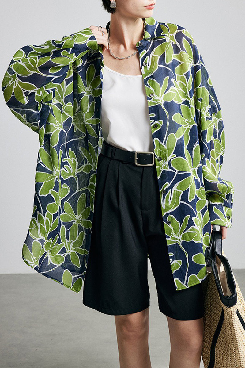 100% Ramie Green Leaf Print Button-Down Shirt