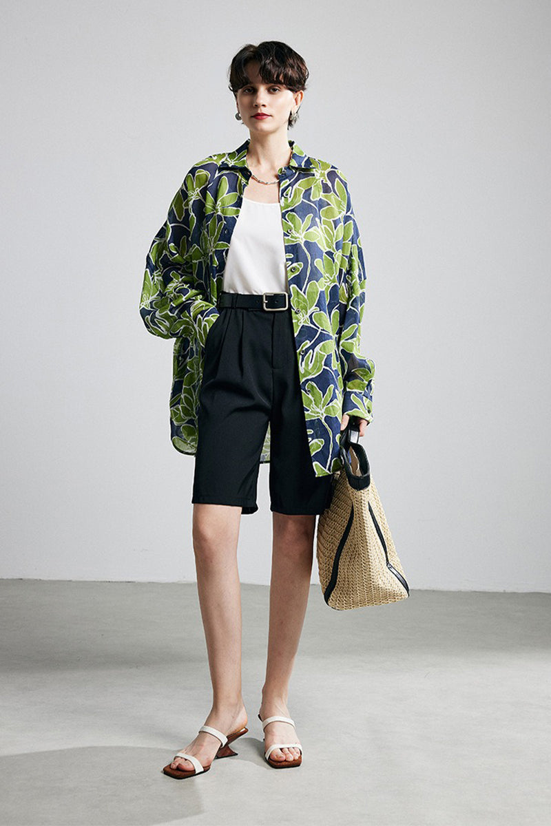 100% Ramie Green Leaf Print Button-Down Shirt