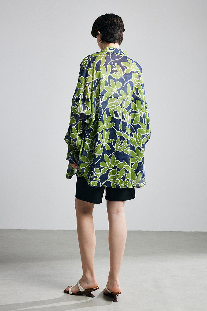 100% Ramie Green Leaf Print Button-Down Shirt