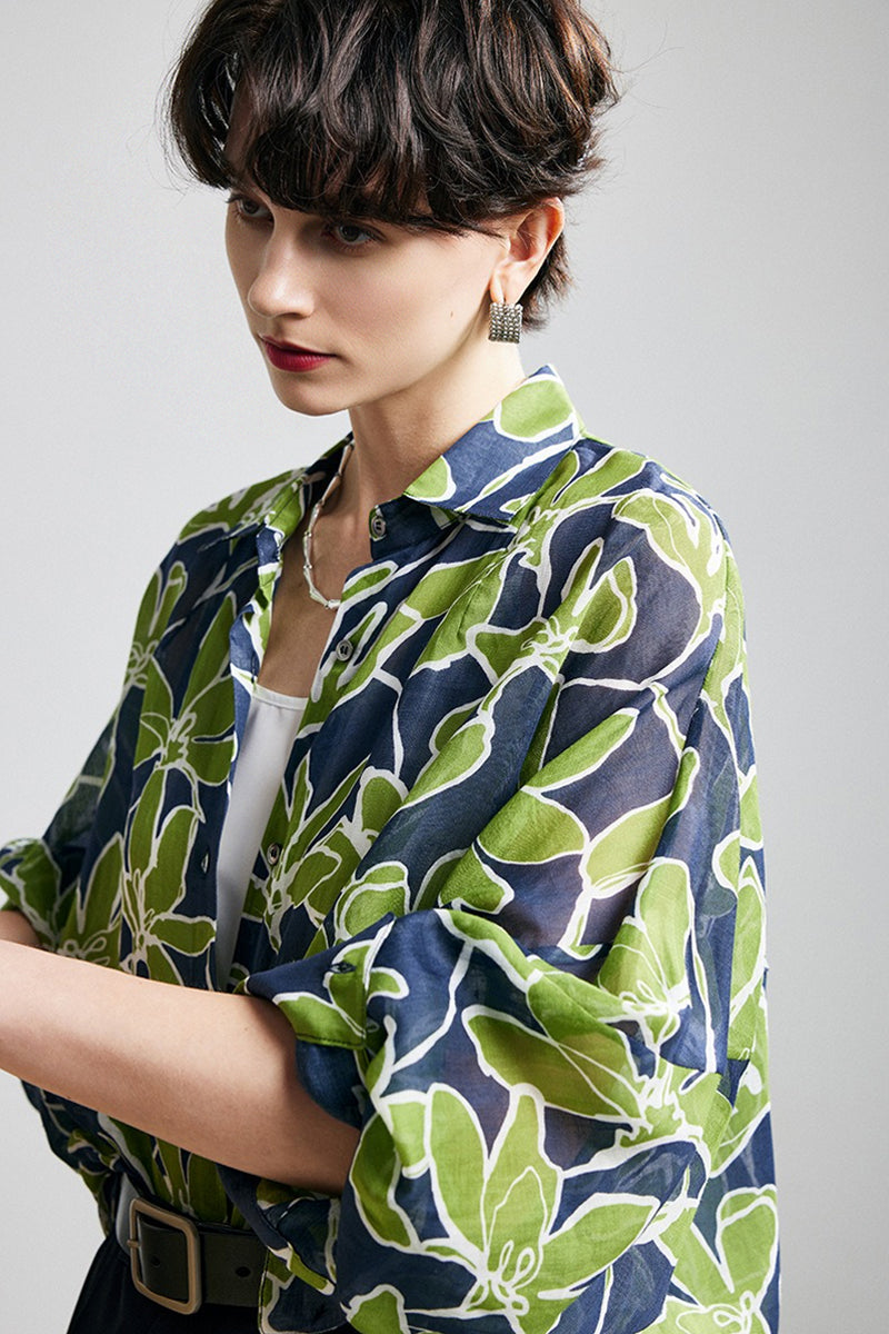 100% Ramie Green Leaf Print Button-Down Shirt