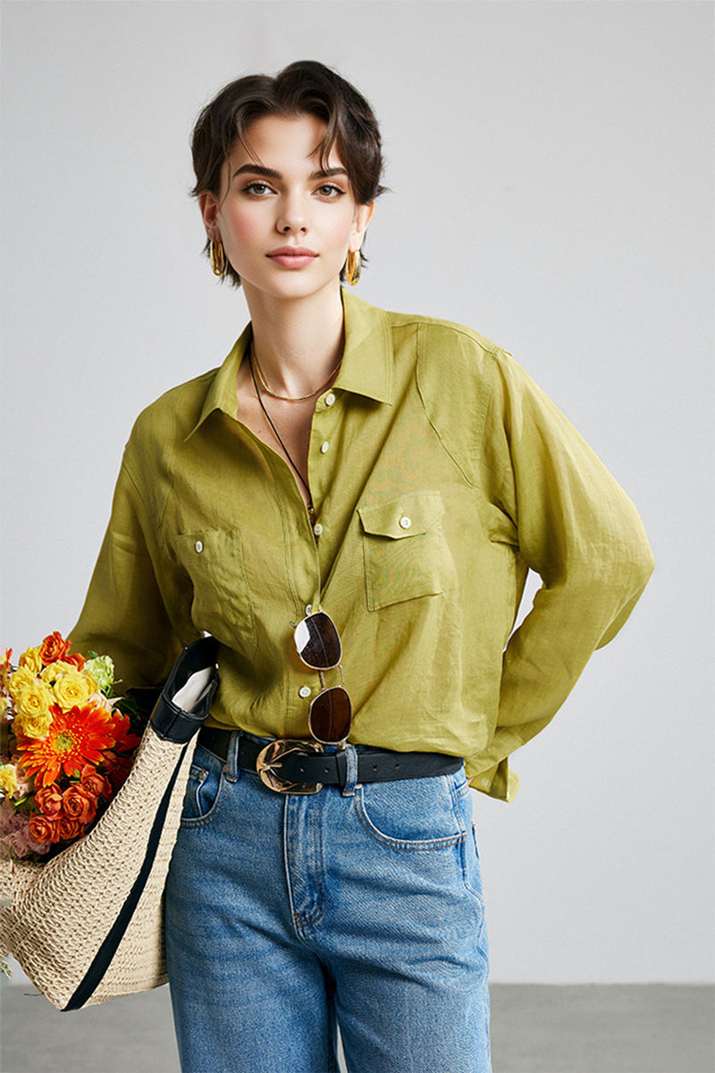 100 Ramie Oversized Sheer Beach Shirt with Asymmetrical Pockets