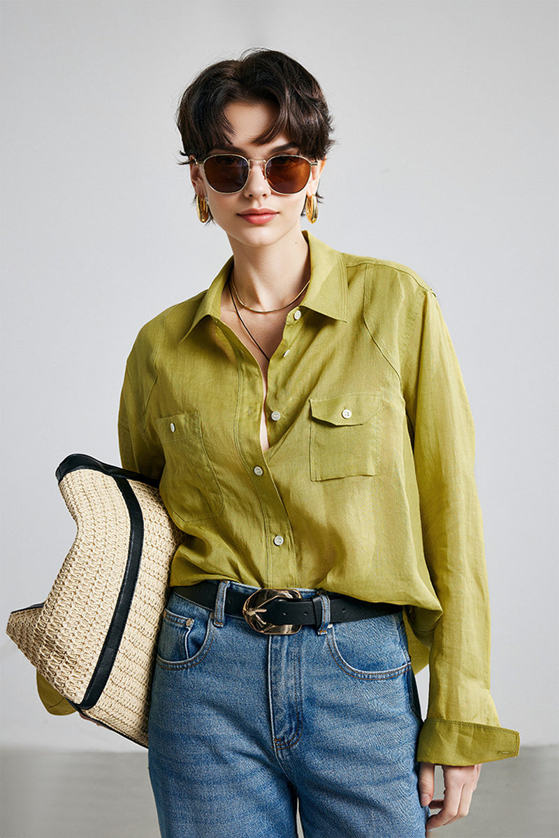 100 Ramie Oversized Sheer Beach Shirt with Asymmetrical Pockets
