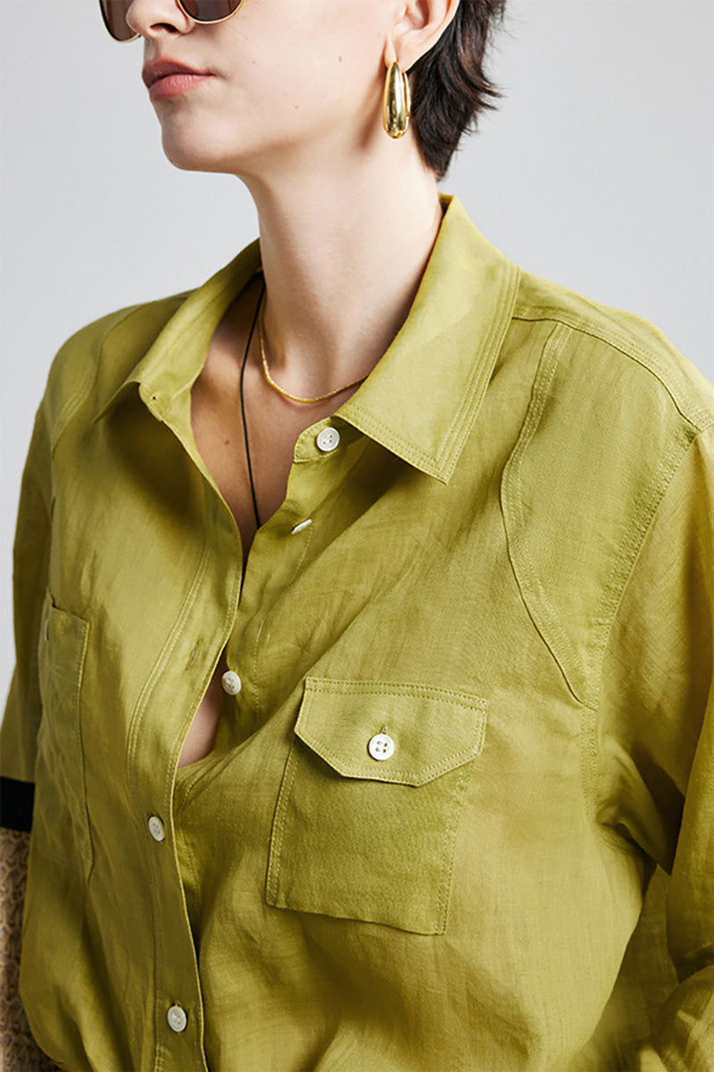 100 Ramie Oversized Sheer Beach Shirt with Asymmetrical Pockets