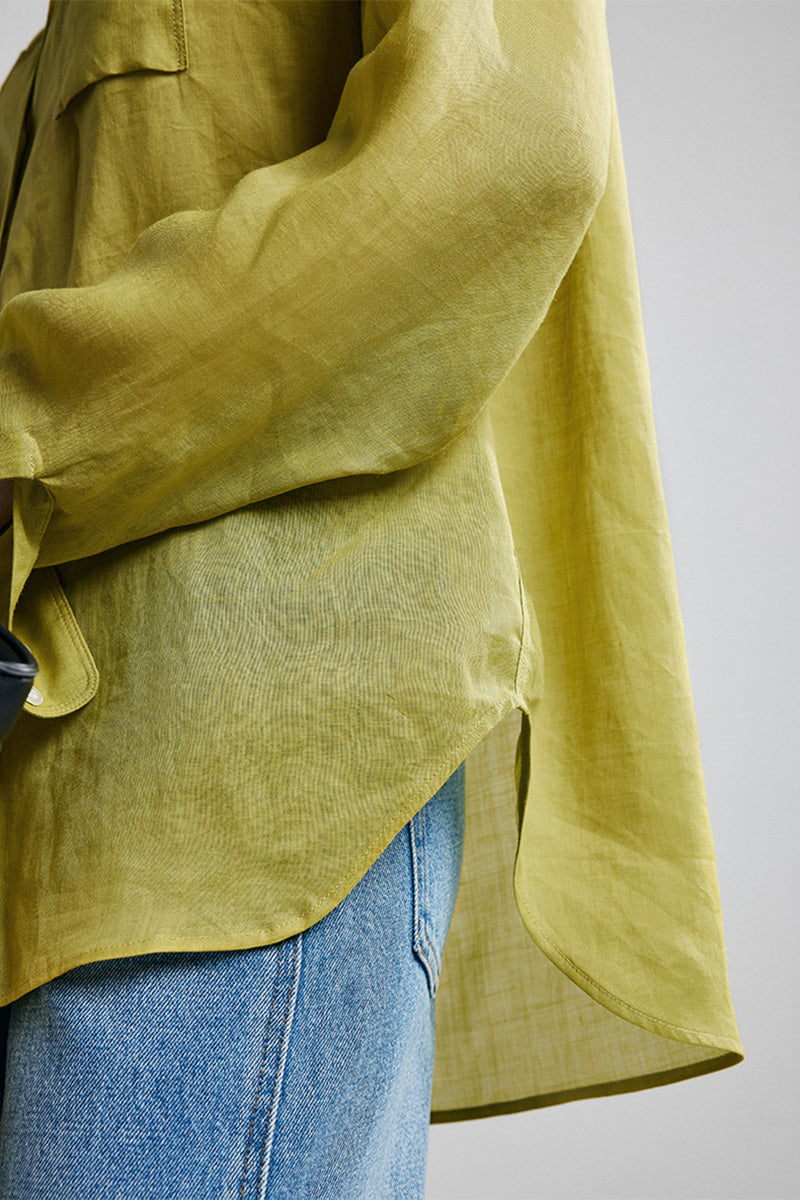 100 Ramie Oversized Sheer Beach Shirt with Asymmetrical Pockets