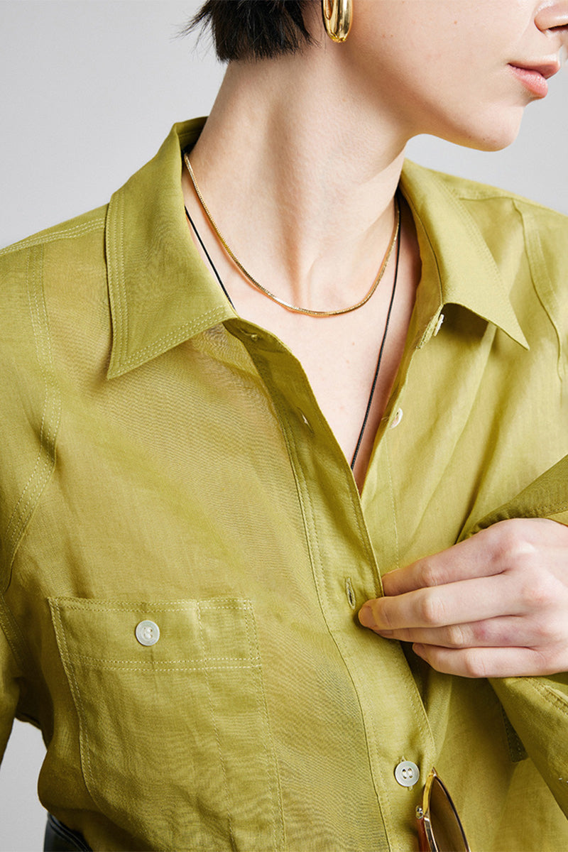 100 Ramie Oversized Sheer Beach Shirt with Asymmetrical Pockets