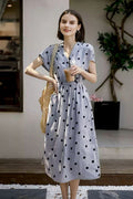 100% Ramie Polka Dot V-Neck Midi Dress
