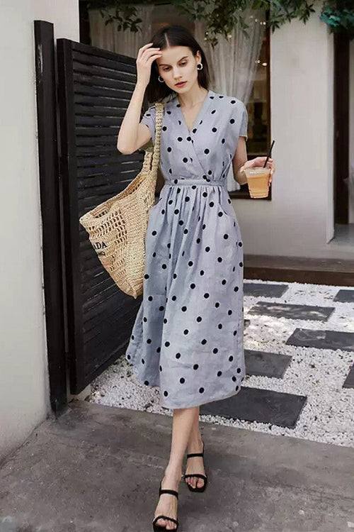 100% Ramie Polka Dot V-Neck Midi Dress
