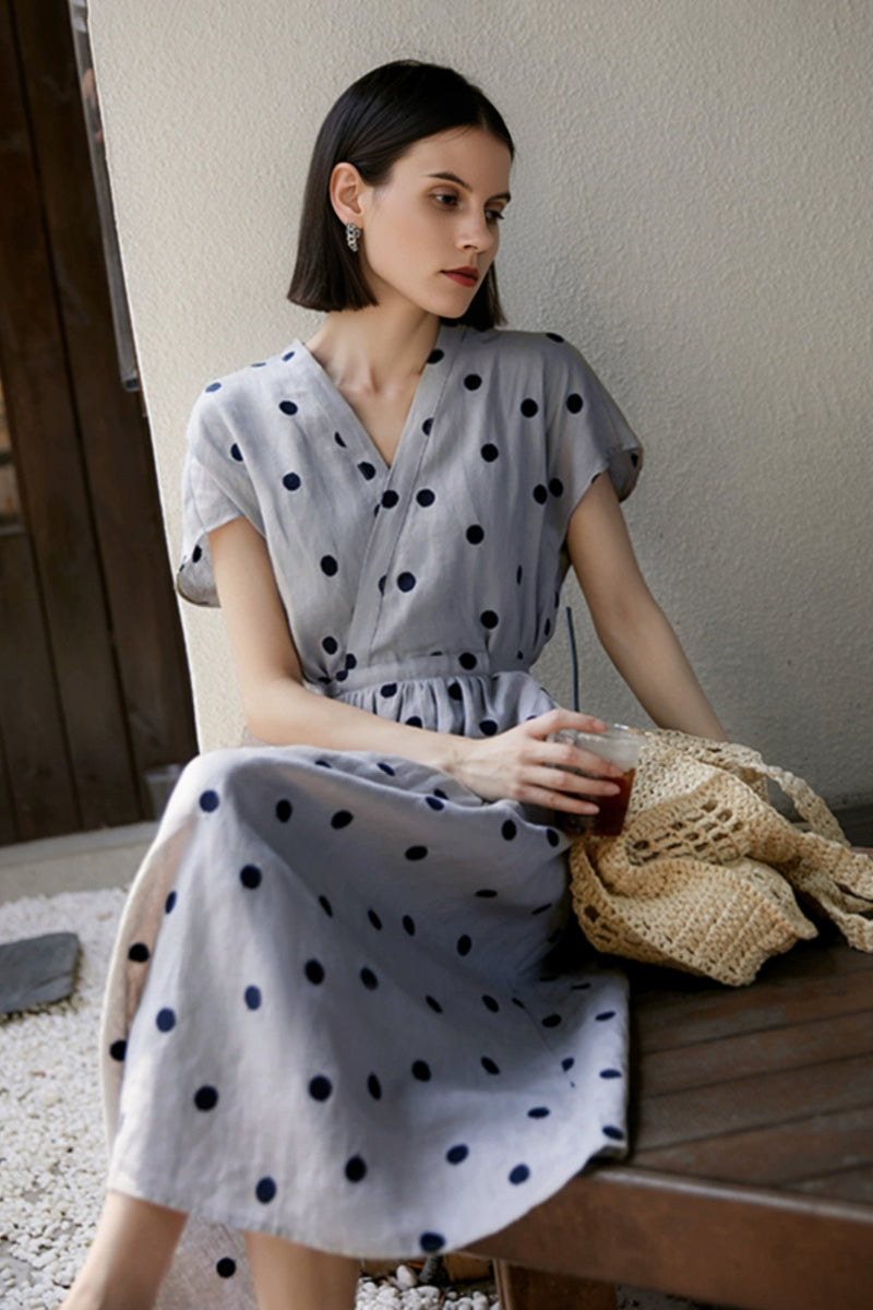 100% Ramie Polka Dot V-Neck Midi Dress