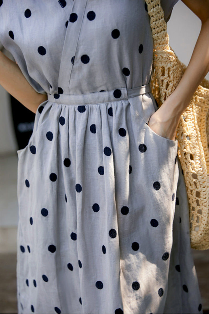 100% Ramie Polka Dot V-Neck Midi Dress