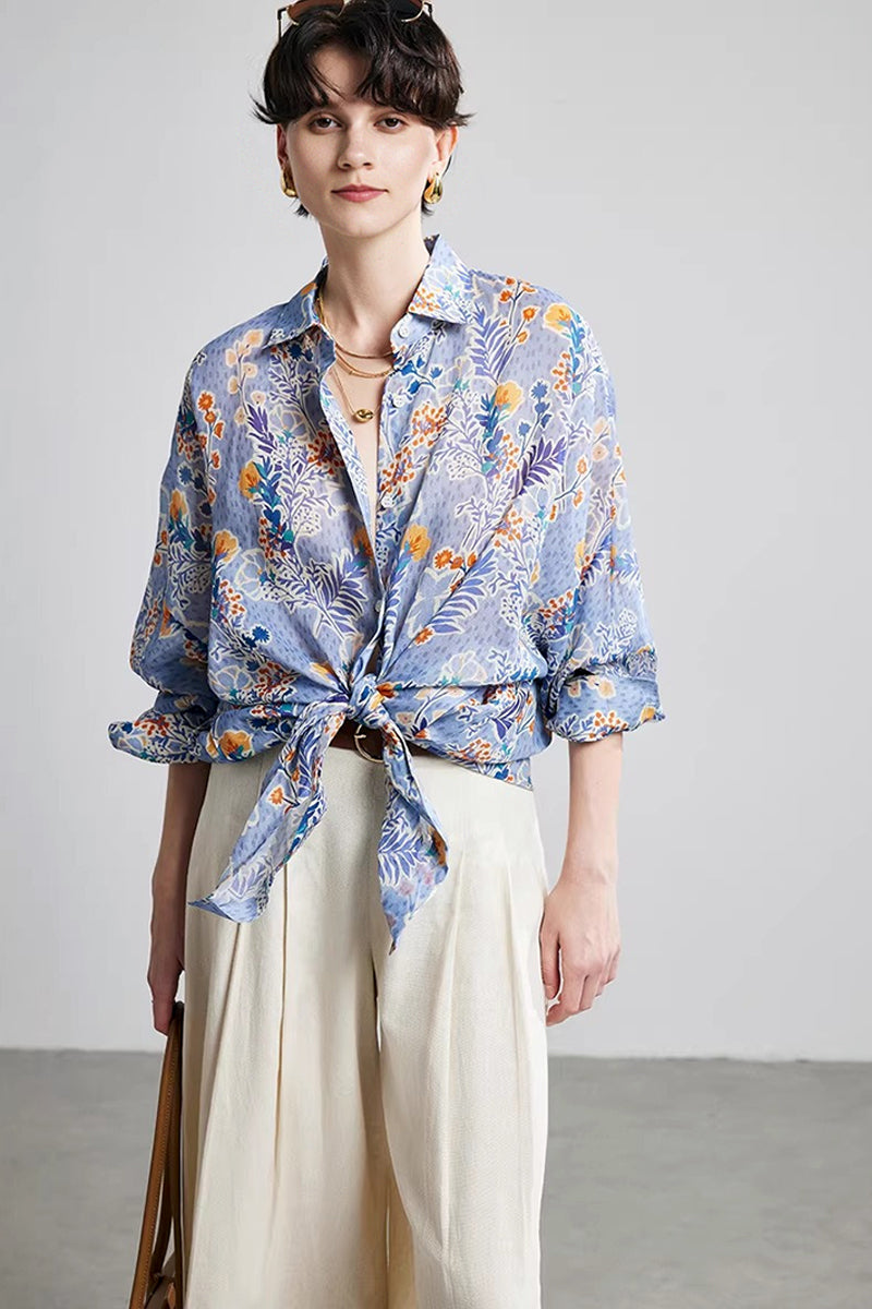 100% Ramie Purple Floral Button-Down Shirt