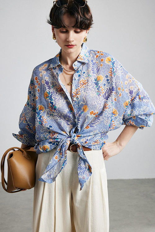 100% Ramie Purple Floral Button-Down Shirt