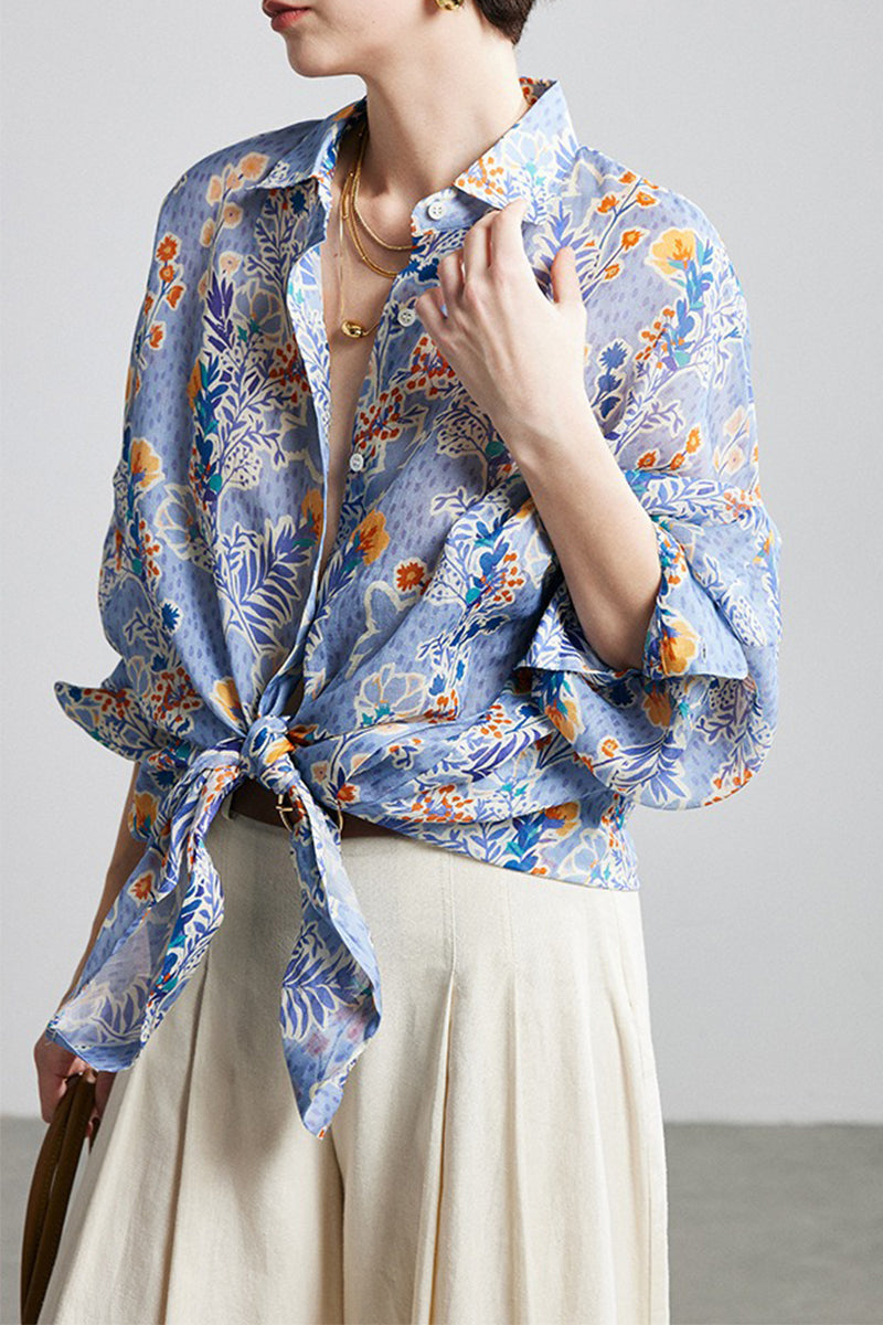 100% Ramie Purple Floral Button-Down Shirt