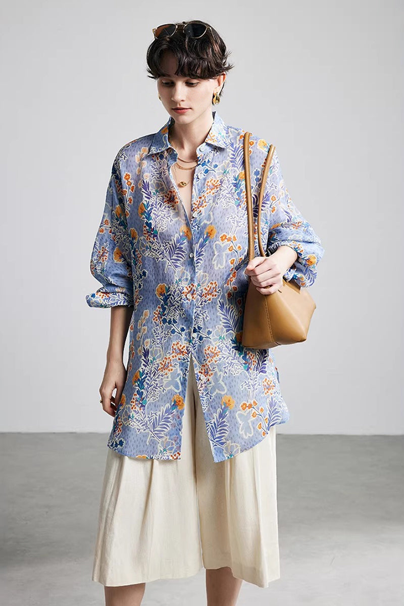 100% Ramie Purple Floral Button-Down Shirt