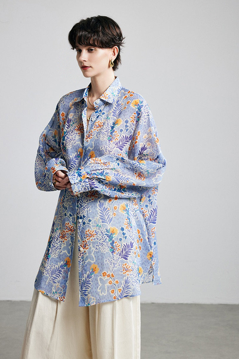 100% Ramie Purple Floral Button-Down Shirt