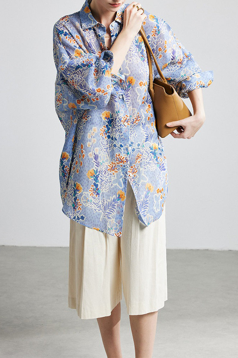 100% Ramie Purple Floral Button-Down Shirt