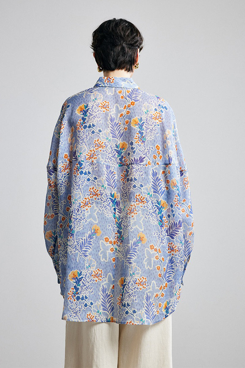 100% Ramie Purple Floral Button-Down Shirt