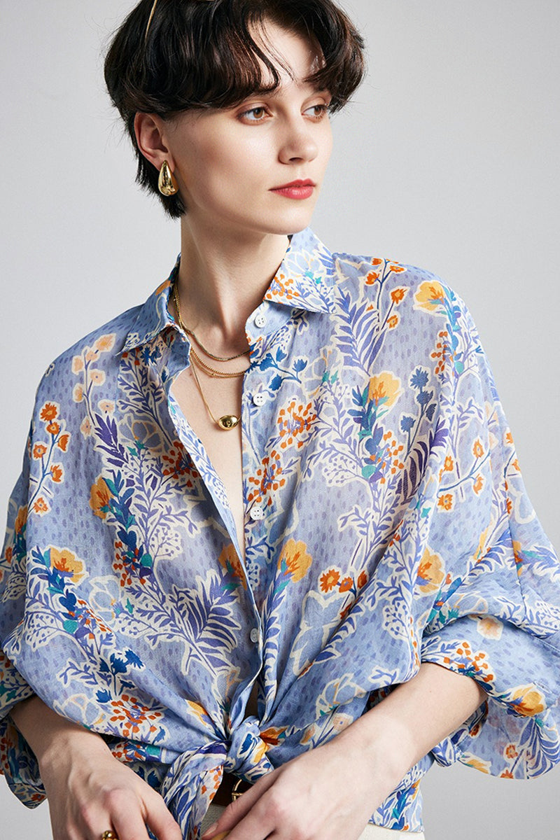 100% Ramie Purple Floral Button-Down Shirt