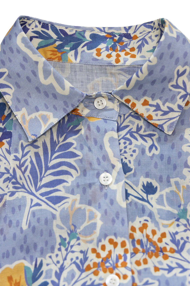 100% Ramie Purple Floral Button-Down Shirt