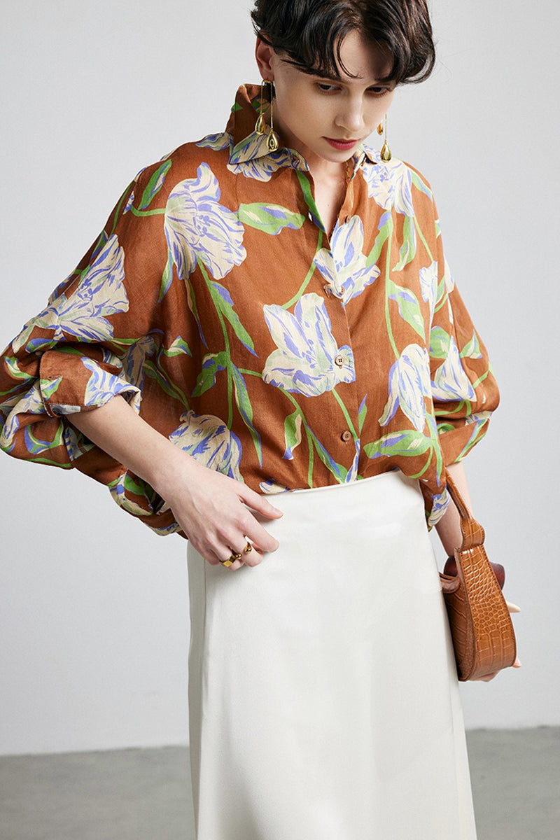 100% Ramie Relaxed Floral Button-Down Shirt