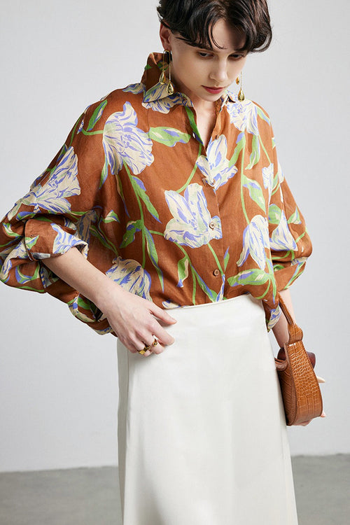100% Ramie Relaxed Floral Button-Down Shirt
