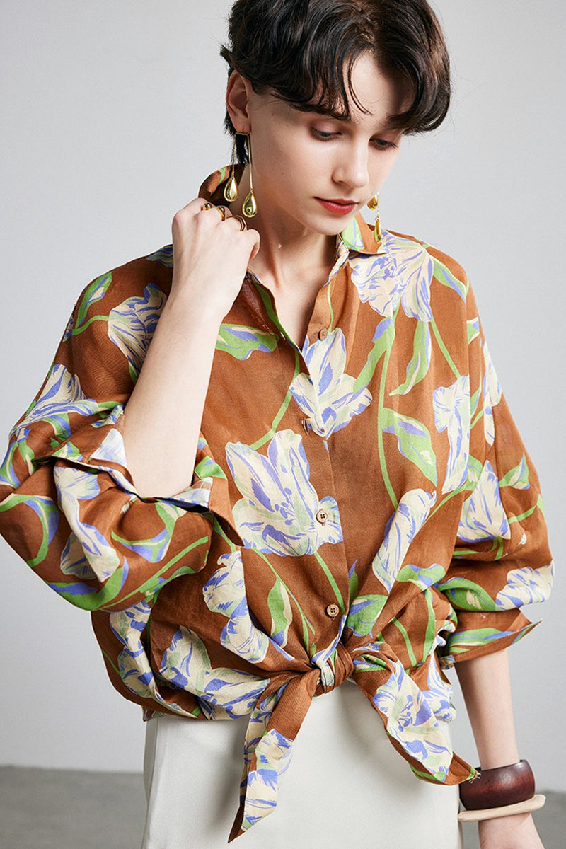 100% Ramie Relaxed Floral Button-Down Shirt