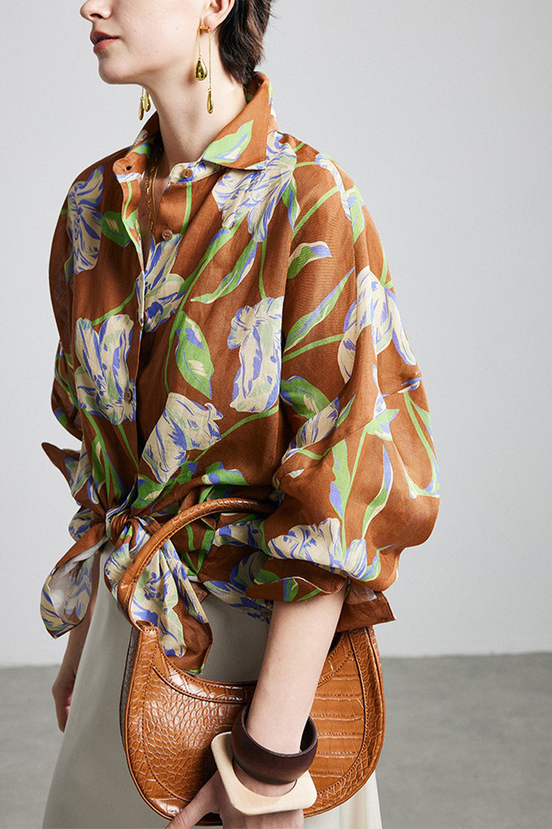 100% Ramie Relaxed Floral Button-Down Shirt