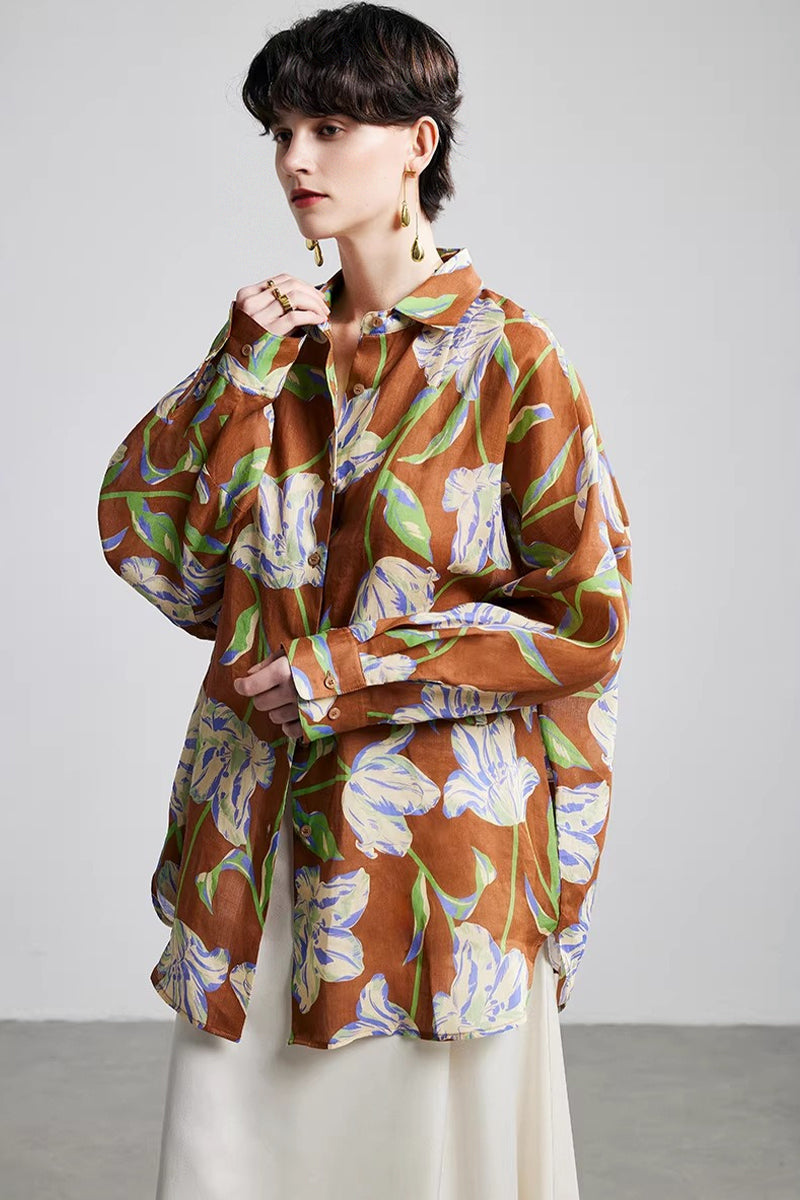100% Ramie Relaxed Floral Button-Down Shirt