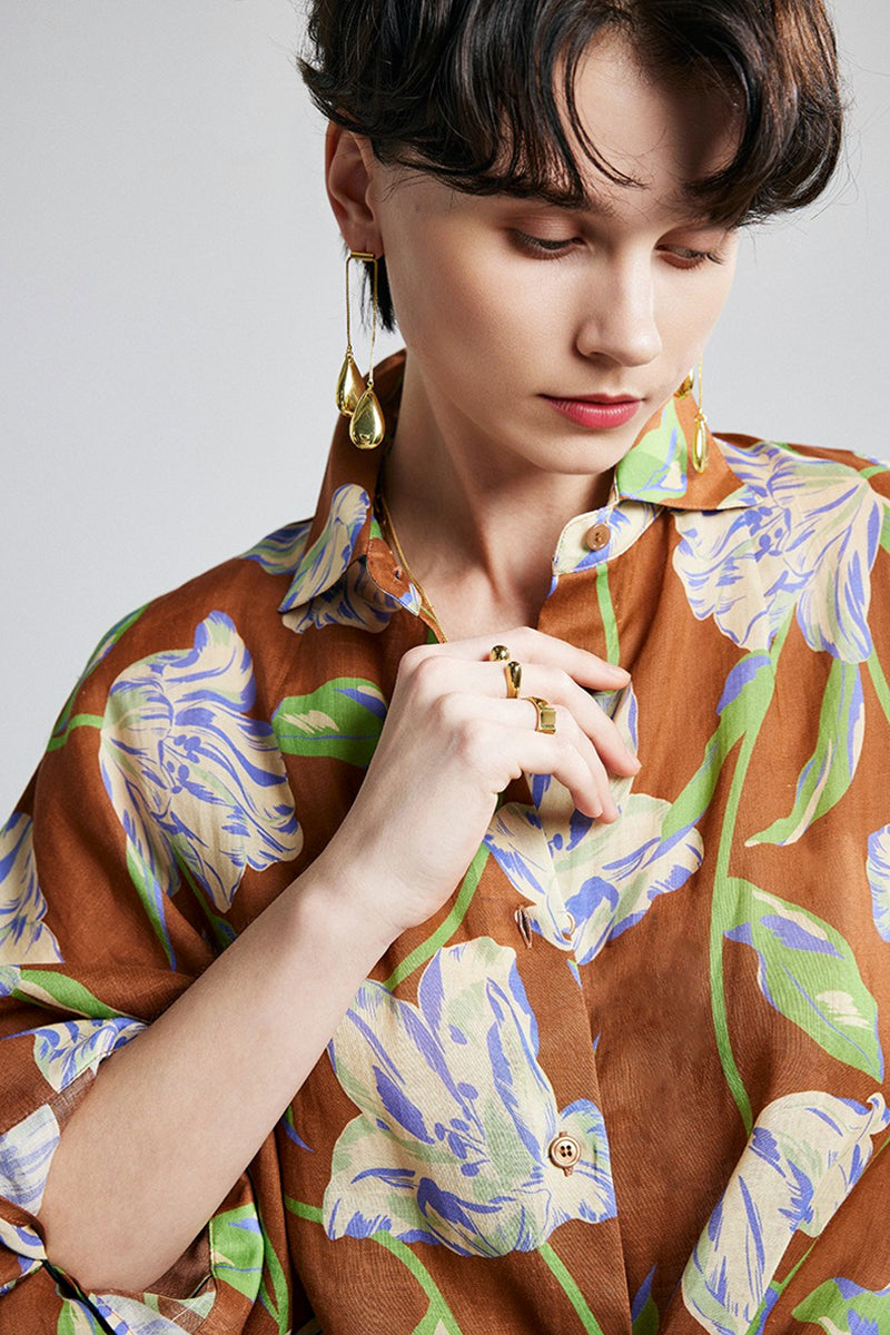 100% Ramie Relaxed Floral Button-Down Shirt