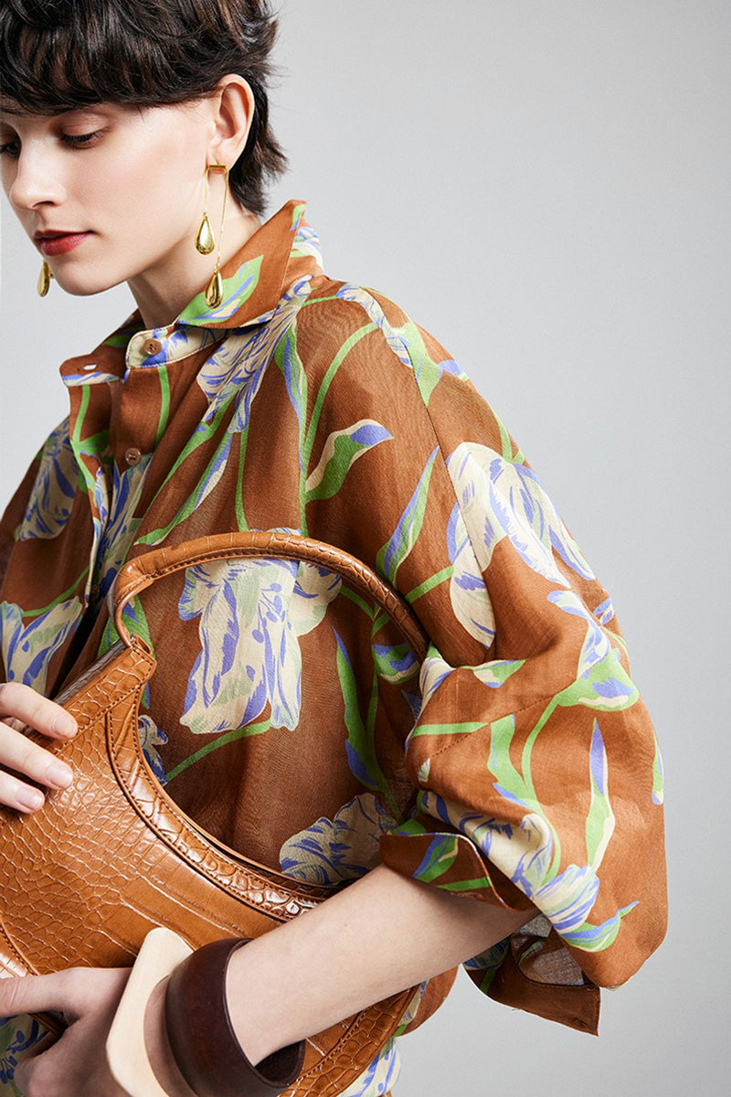 100% Ramie Relaxed Floral Button-Down Shirt