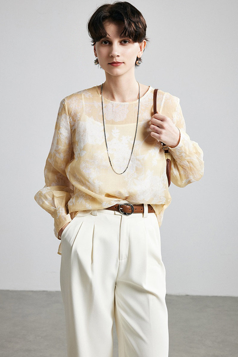 100% Ramie Sheer Floral Long Sleeve Blouse