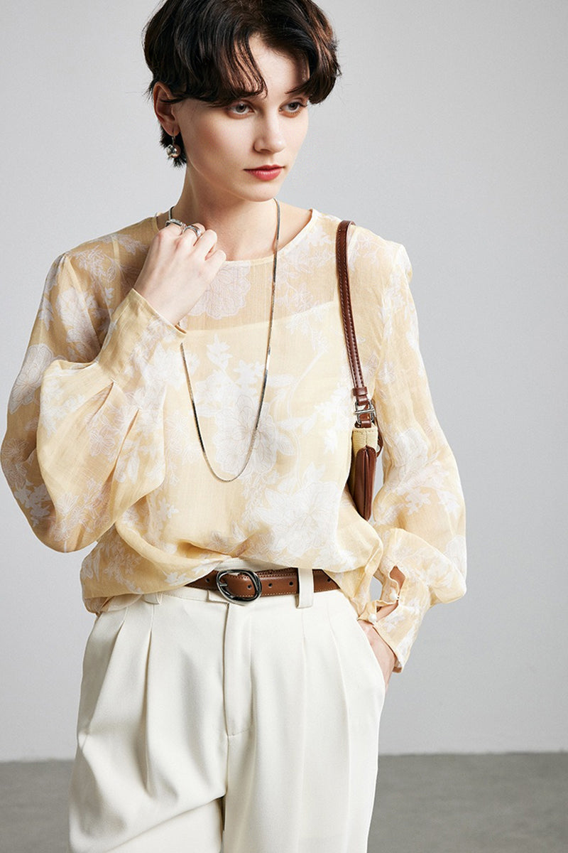 100% Ramie Sheer Floral Long Sleeve Blouse