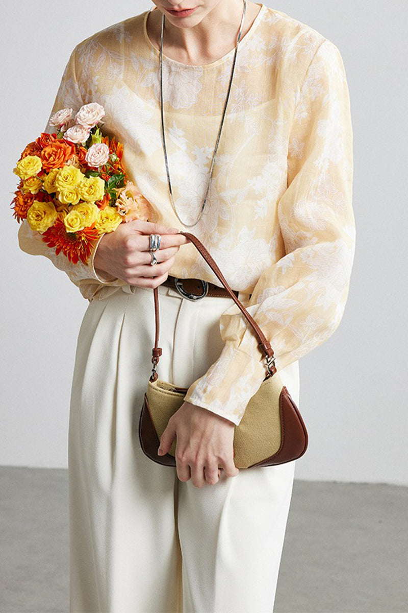 100% Ramie Sheer Floral Long Sleeve Blouse