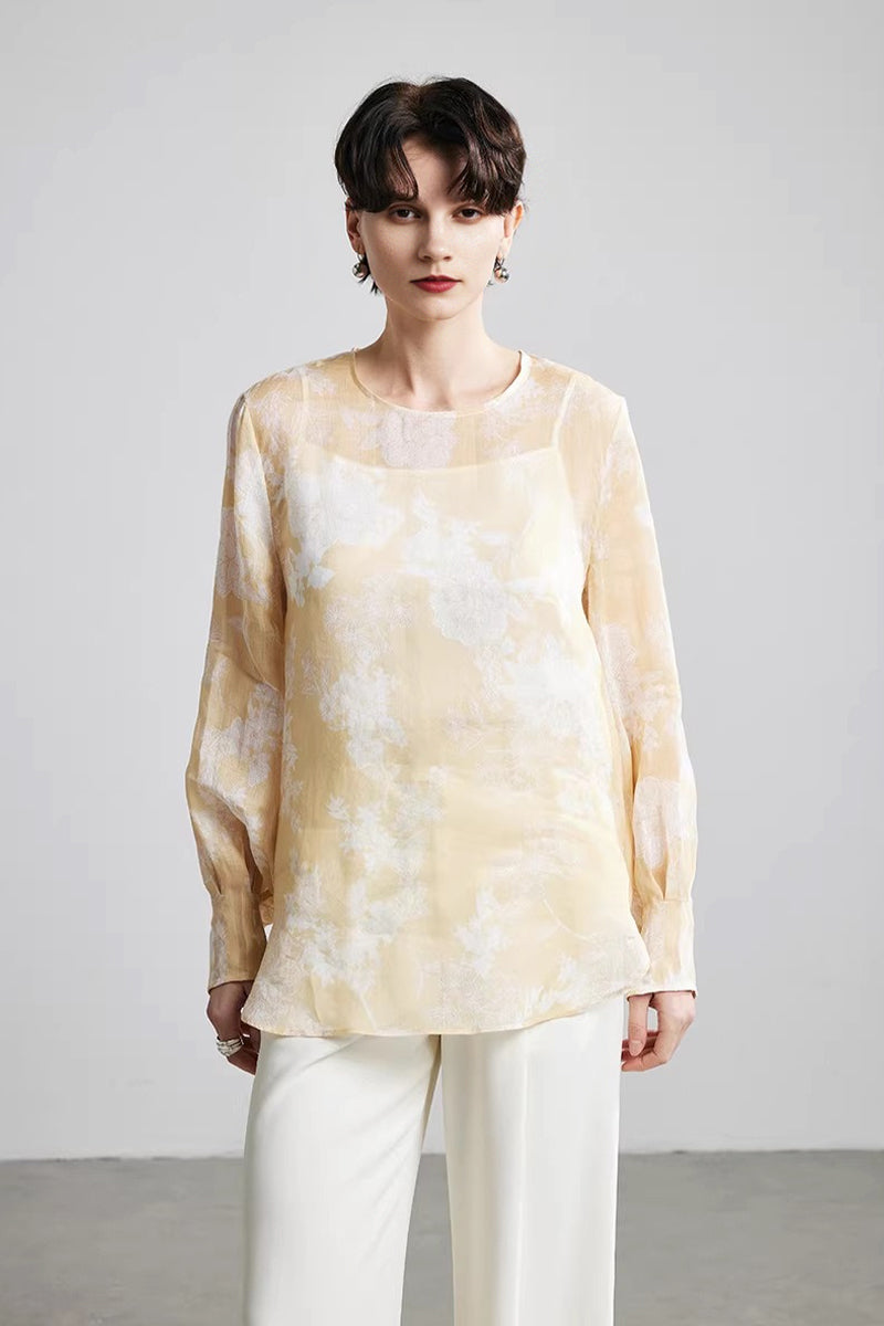 100% Ramie Sheer Floral Long Sleeve Blouse