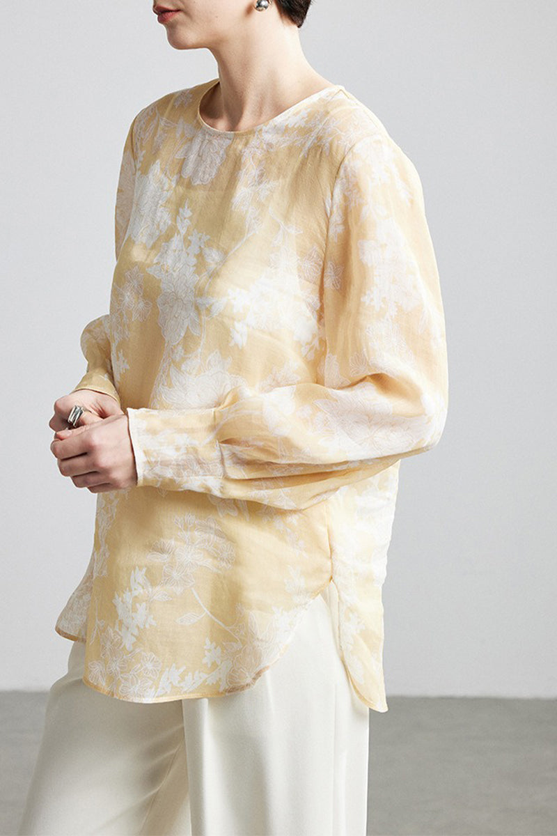 100% Ramie Sheer Floral Long Sleeve Blouse