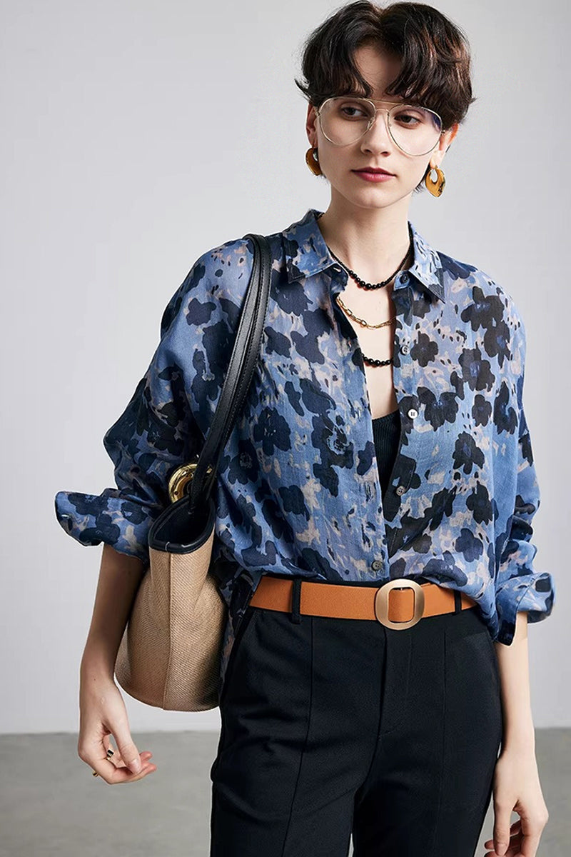 100% Ramie Speckled Floral Button-Down Shirt