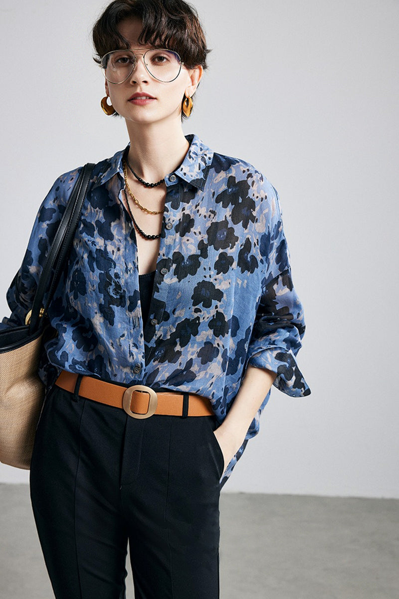 100% Ramie Speckled Floral Button-Down Shirt