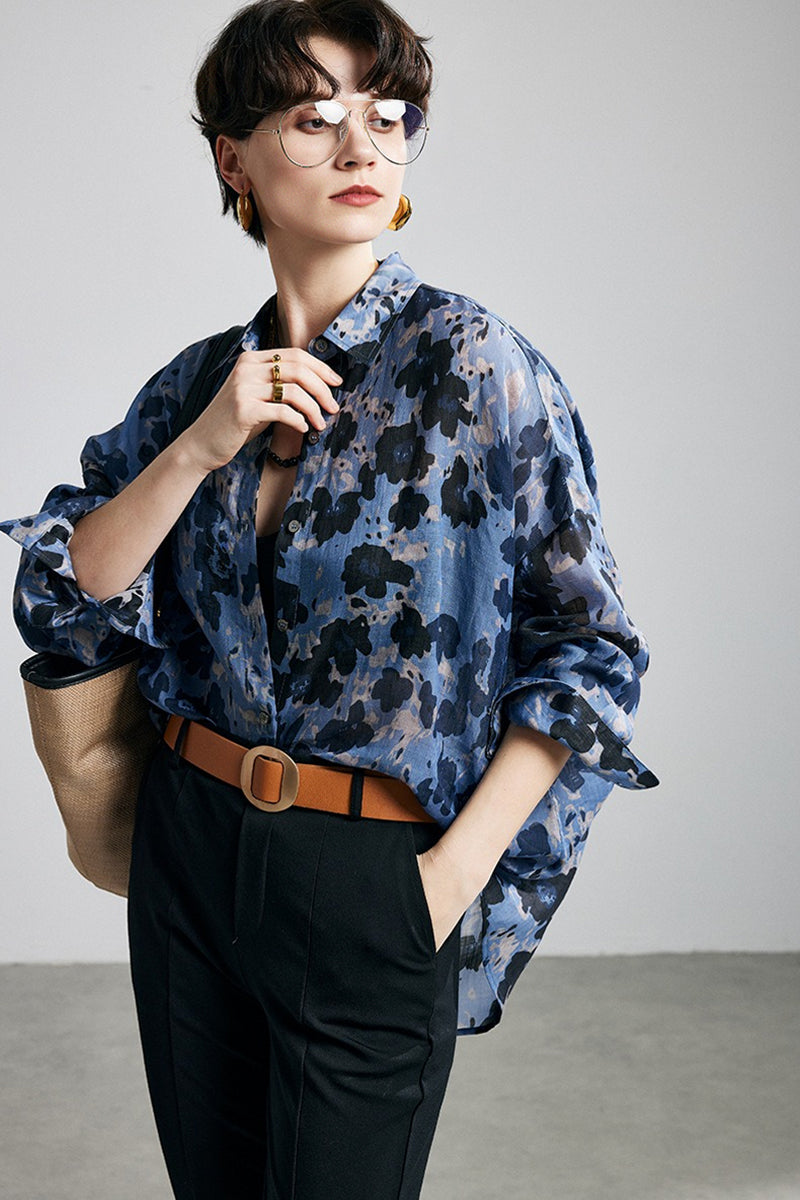 100% Ramie Speckled Floral Button-Down Shirt
