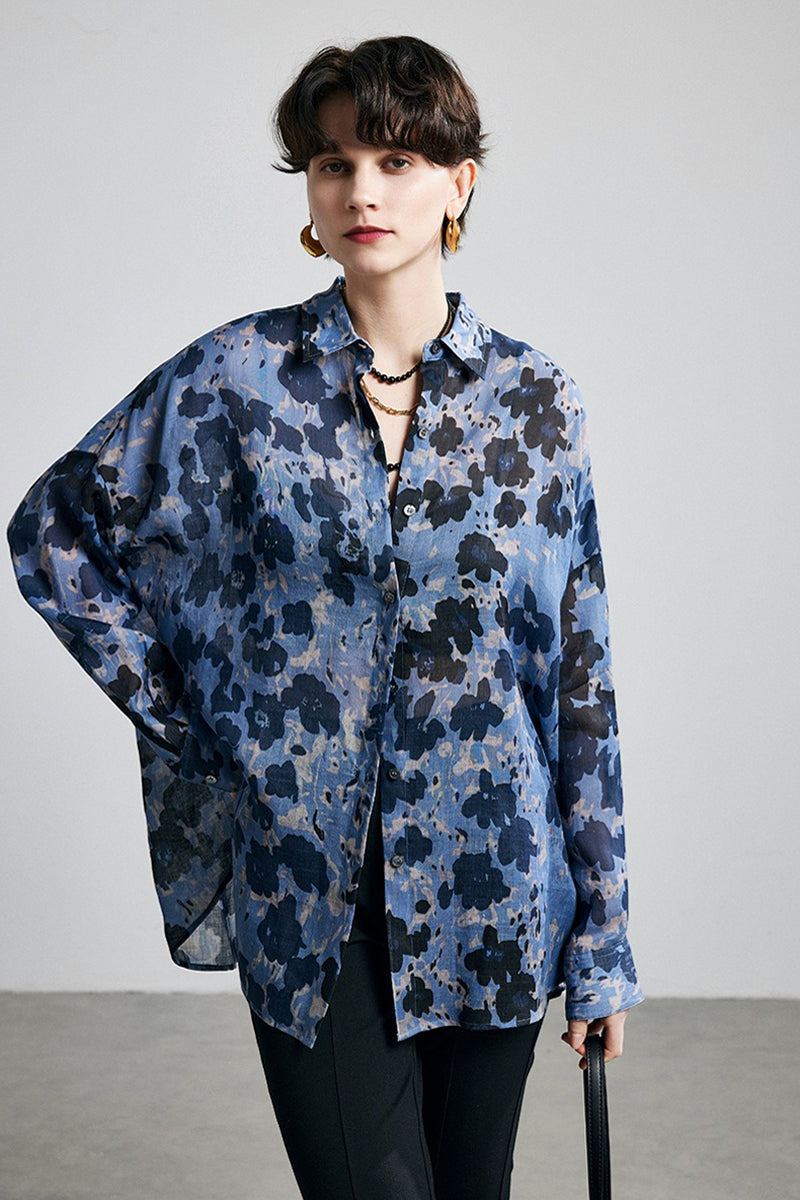 100% Ramie Speckled Floral Button-Down Shirt