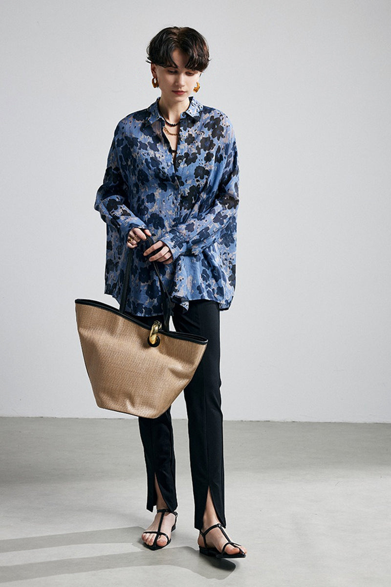 100% Ramie Speckled Floral Button-Down Shirt