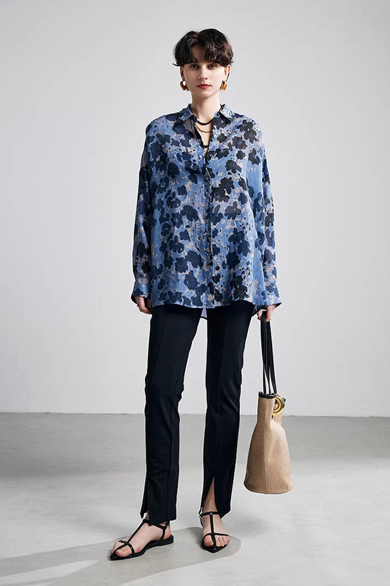 100% Ramie Speckled Floral Button-Down Shirt