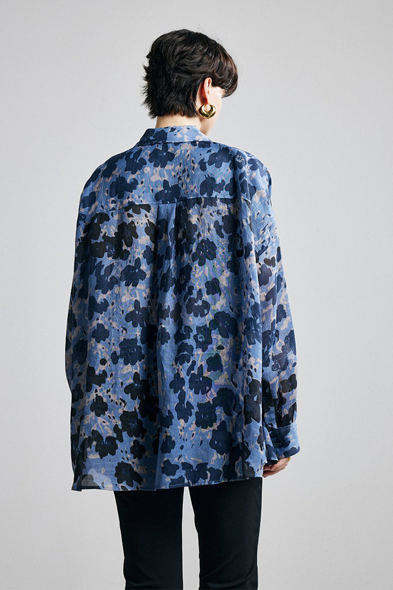 100% Ramie Speckled Floral Button-Down Shirt