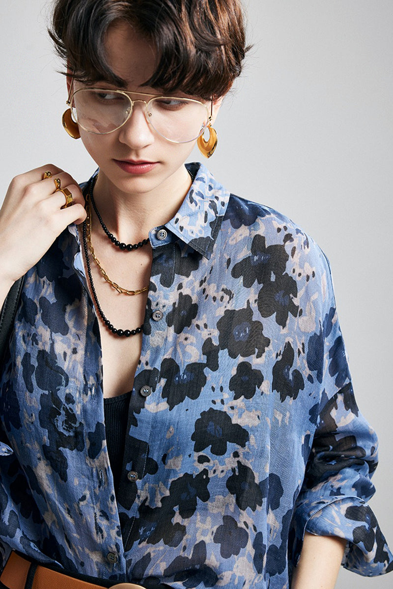 100% Ramie Speckled Floral Button-Down Shirt